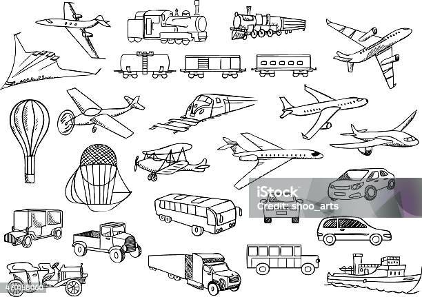 A Sketch Painting Of Transportation Over The World Stock Illustration - Download Image Now - Airplane, Drawing - Art Product, Plan - Document