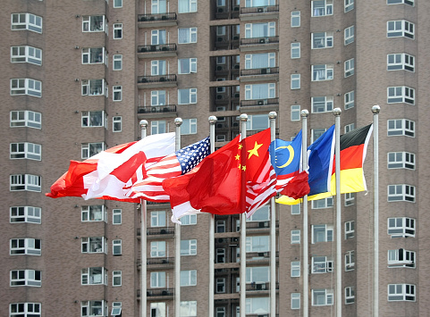 Multi-national flags in front of a high building