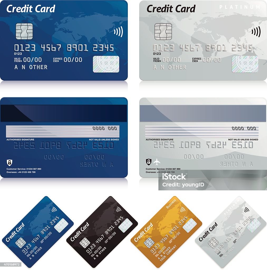 Credit cards Realistic credit cards. 4 card fronts and 2 card backs. Credit Card stock vector