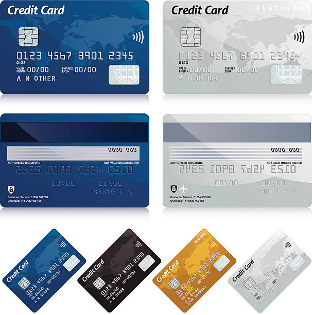 Credit cards Realistic credit cards. 4 card fronts and 2 card backs. credit card illustrations stock illustrations