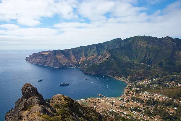 Panoramic view of Cumberland Bay and the town of San Juan Bautista on Robinson Crusoe Island, one of three main islands making up the Juan Fernandez Islands some 400 miles off the coast of Chile