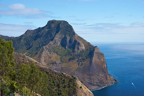 Robinson Crusoe Island Panoramic view of the coast of volcanic landscape of Robinson Crusoe Island, one of three main islands making up the Juan Fernandez Islands some 400 miles off the coast of Chile robinson crusoe island chile stock pictures, royalty-free photos & images
