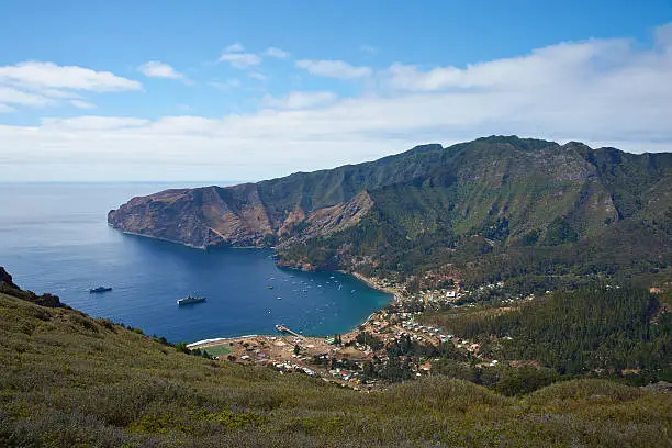 Panoramic view of Cumberland Bay and the town of San Juan Bautista on Robinson Crusoe Island, one of three main islands making up the Juan Fernandez Islands some 400 miles off the coast of Chile