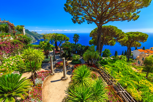 Romantic walkway and ornamental garden with colorful flowers,Villa Rufolo,Ravello,Amalfi coast,Italy,Europe