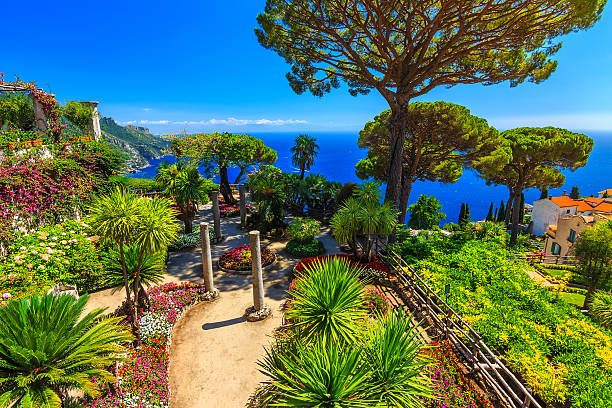 Ornamental suspended garden,Rufolo garden,Ravello,Amalfi coast,Italy,Europe Romantic walkway and ornamental garden with colorful flowers,Villa Rufolo,Ravello,Amalfi coast,Italy,Europe ravello stock pictures, royalty-free photos & images