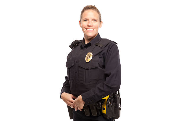 Happy female police officer stock photo