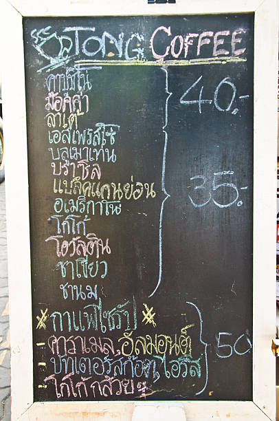 istock Classic menu in front of coffee, chalk on black board 470162210