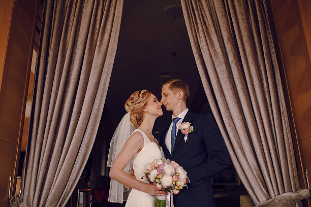 istock wedding beautiful blond couple in restaurant 470162848