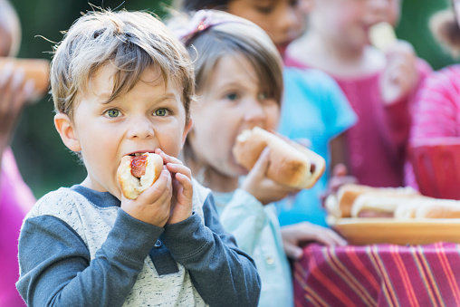A little boy, 4 years old, eating a hotdog at a picnic.  His mouth is full as he takes a bite.  He is wearing a gray shirt with blue sleeves. Standing behind him are other children eating hotdogs.