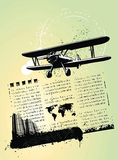 Vector illustration of traveling background with stamp airplane and city