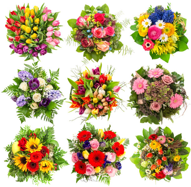 istock Nine colorful flowers bouquet for Easter Holidays. Floral objects 470168090