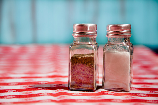Close up of filled salt and pepper shakers sitting on top of a red checked tablecloth.  Outdoor summer picnic concept.  Blue background.  Restaurant or picnic table setting. Copyspace to left.