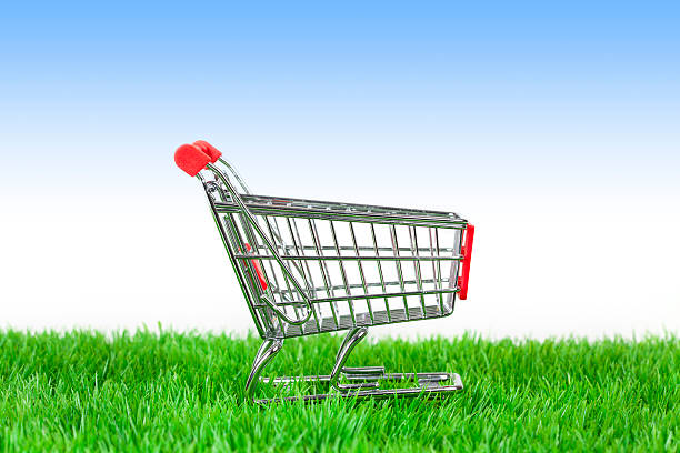 istock Spring sale shopping cart on green grass 470172301
