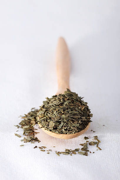 istock Green tea on wooden spoon 470172430