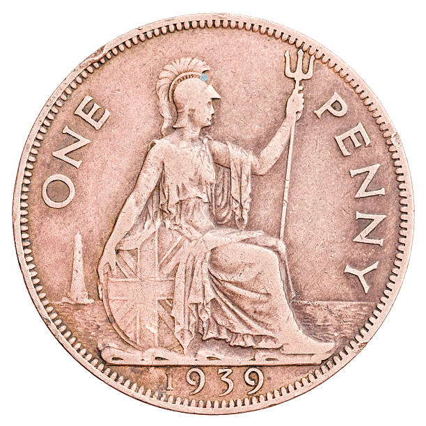 Old British penny coin isolated on white