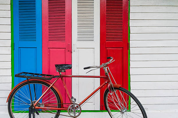 istock vintage bicycle in colorful door background 470173398