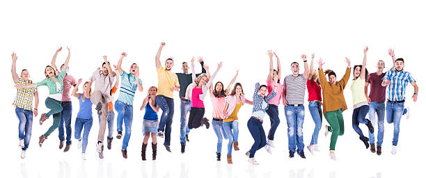 istock Crowd of cheerful young people jumping and having fun. 470180574