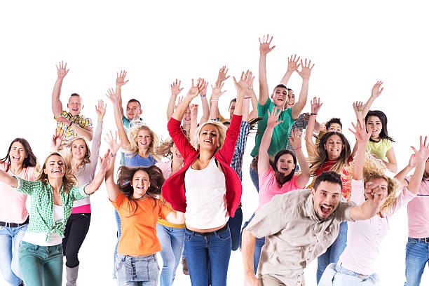 istock Group of cheerful people with raised hands having fun. 470180604