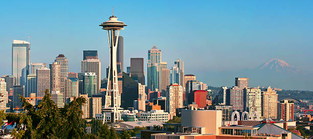 istock Seattle skyline panorama at sunset, Washington, USA 470181780