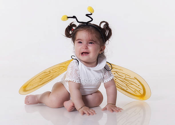 Small girl is dressed at bee costume crying