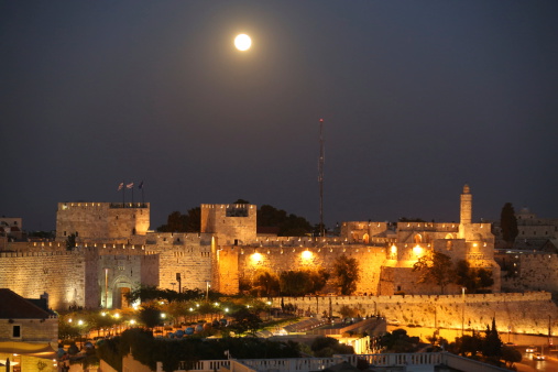 Old city Jerusalem at night David's Tower and the Old City walls