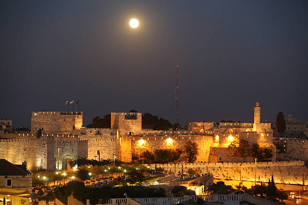 Old city Jerusalem at night Old city Jerusalem at night David's Tower and the Old City walls old town photos stock pictures, royalty-free photos & images