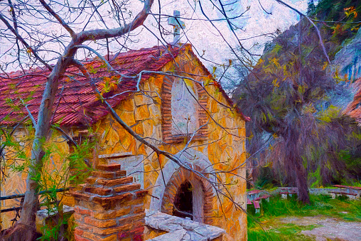 Rural Greek church in a mountain with trees - Painting effect