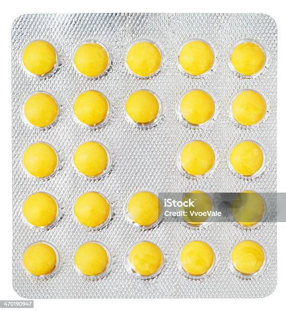 Yellow Pills In Blister Pack Isolated Stock Photo - Download Image Now - Above, Birth Control Pill, Blister