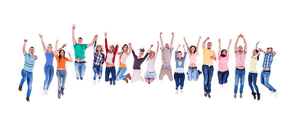 istock Crowd of young cheerful people jumping. Isolated on white. 470193680