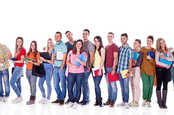 istock Group of happy college students isolated on white. 470193682