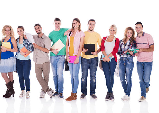 istock Group of happy college students in a line. 470193684