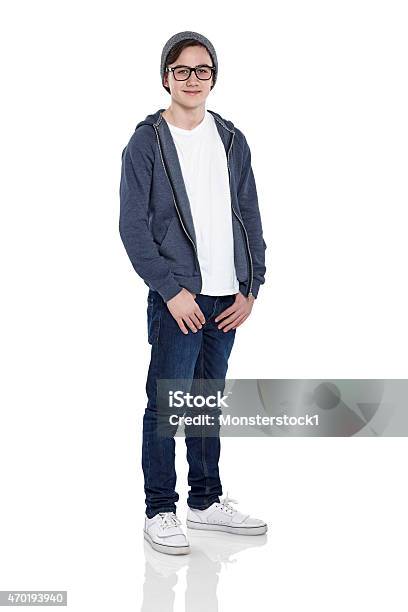 Smart Young Boy Wearing Glasses And Cap Posing On White Stock Photo - Download Image Now