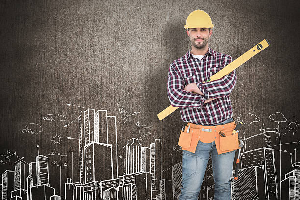 istock Composite image of smiling handyman holding spirit level 470197818