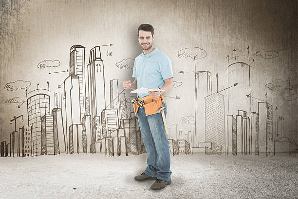 istock Composite image of smiling construction worker holding clipbard 470197830