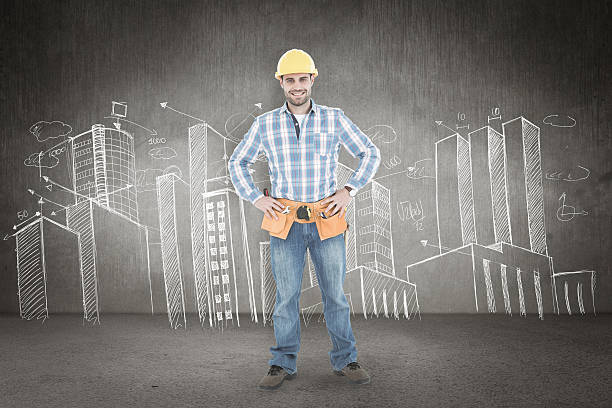 istock Composite image of confident repairman standing with hands on hips 470198236