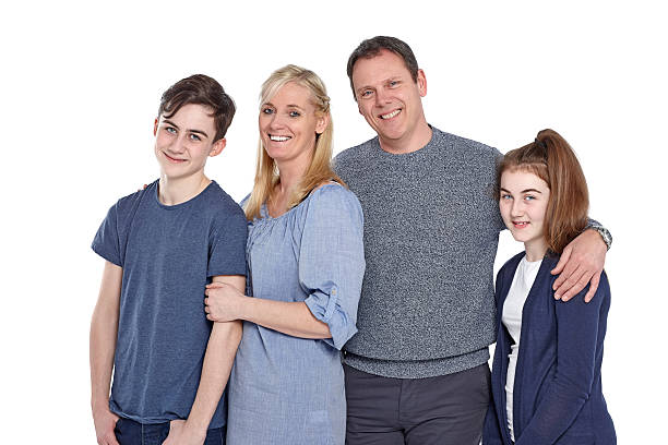 istock Cheerful caucasian family together on white 470198424