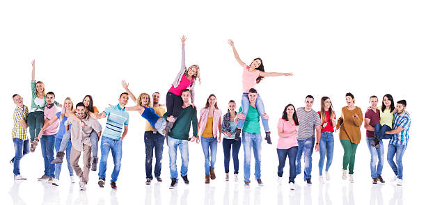 istock Group of playful young people isolated on white. 470204034