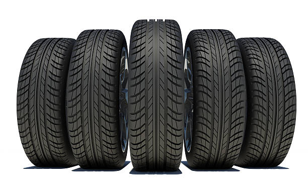 istock Wedge of five black car wheels. Isolated on white background 470204530
