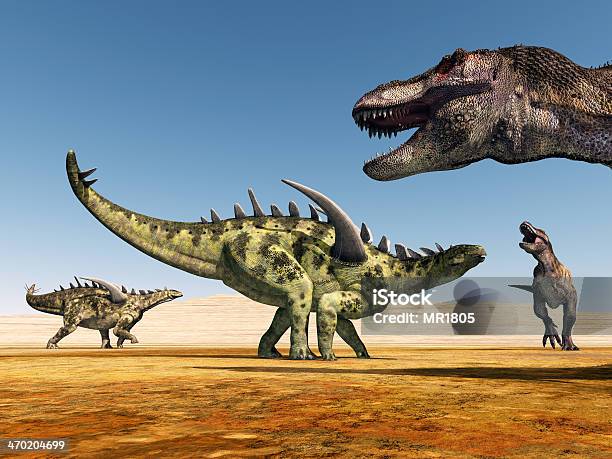 Gigantspinosaurus And Tyrannosaurus Rex Stock Photo - Download Image Now - Animal, Animals Hunting, Blue