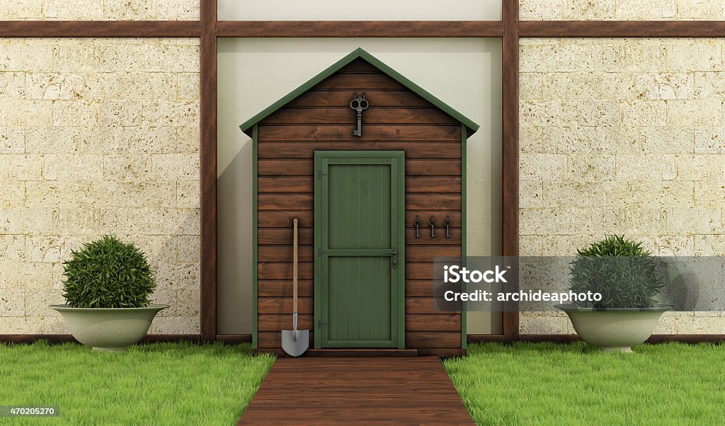 Wooden shed in a classic garden Classic garden with old shed ,stone wall and wooden floor - 3D Rendering Shed Stock Photo
