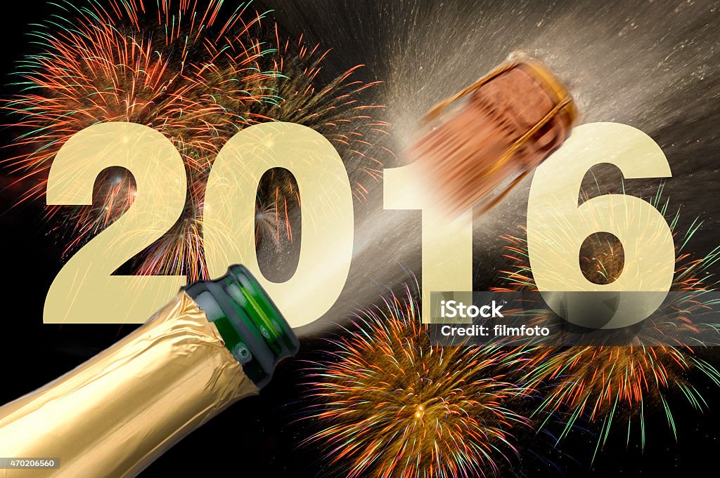 new year 2016 popping Champagne and firework for new year 2016 2015 Stock Photo