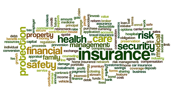 Tag cloud containing words related to insurance, property, financial, health and home security, risk management in insurance industry, etc.