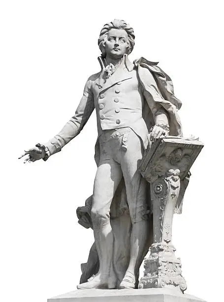 "Statue of Wolfgang Amadeus Mozart, located in the Burggarten in Vienna. Isolated on white background. Selective Focus