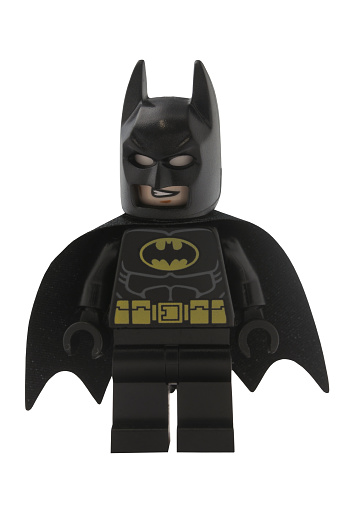 Adelaide, Australia - January 9, 2015: A studio shot of a Batman Lego minifigure from the DC comics and movies. Lego is extremely popular worldwide with children and collectors.