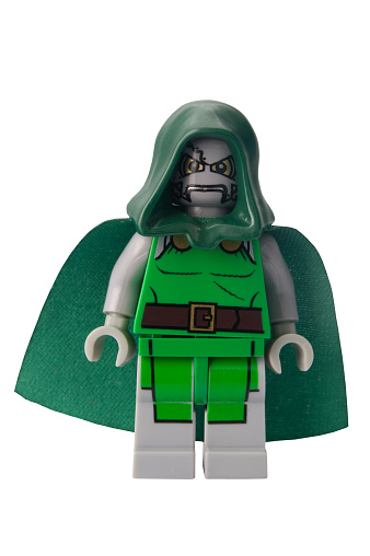 Adelaide, Australia - February 25, 2015: A studio shot of a Doctor Doom custom Lego minifigure from the Marvel comics. Lego is extremely popular worldwide with children and collectors.