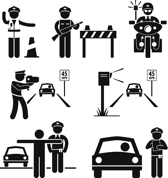 Police Officer Traffic on Duty Stick Figure Pictogram Icon A set of human pictogram representing traffic police officer on duty. car traffic jam traffic driving stock illustrations