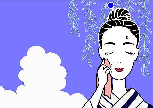 yukata beauty wiping sweat yukata beauty wiping sweat. japanese weeping willow tree pics stock illustrations