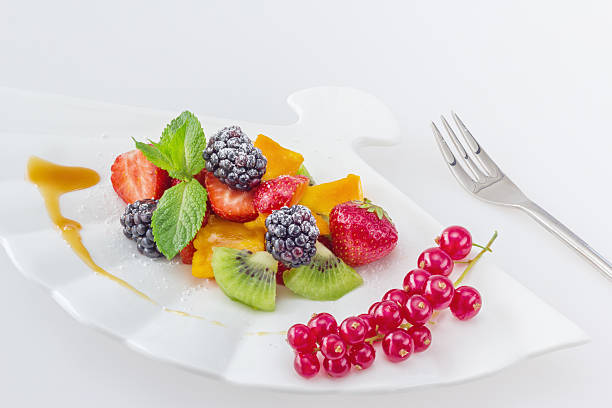 istock Diet, healthy colorful fruit salad on white plate 470225185