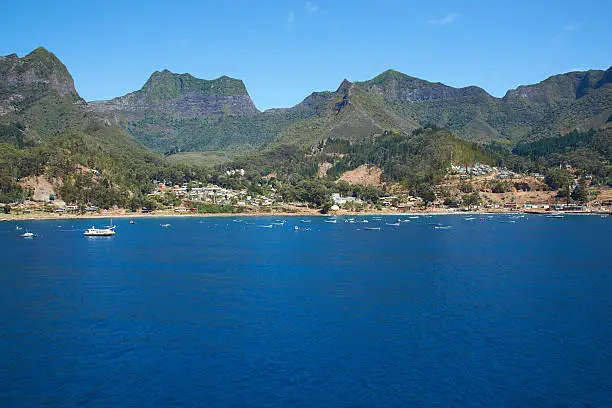 Panoramic view of Cumberland Bay looking towards the small town of San Juan Bautista on Robinson Crusoe Island, one of three main islands making up the Juan Fernandez Islands some 400 miles off the coast of Chile
