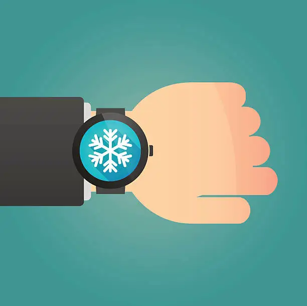 Vector illustration of Hand with a smart watch displaying a snow flake